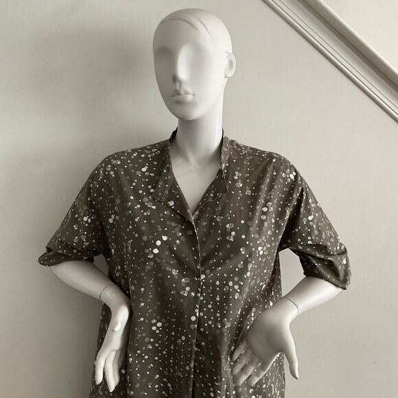 Oska Lagenlook Green Polka Dot Dress Split Collar Minimalist Pockets - Picture 6 of 13